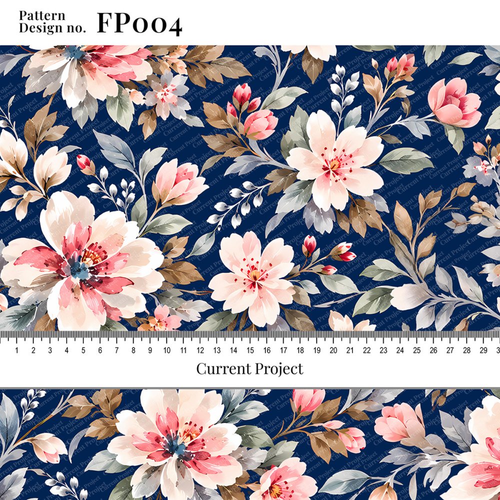 Floral seamless pattern FP004 with soft pink flowers and botanical leaves on a dark blue background