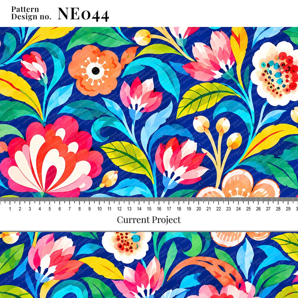 Alt Text: Colorful floral seamless pattern NE044 with vibrant pink, orange and white flowers, bright green and turquoise leaves on a dark blue background